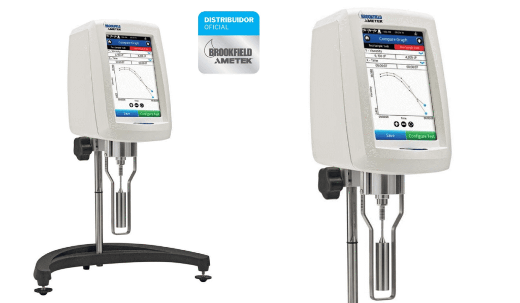 Reômetro Brookfield DVNext é bom? Exibido em dois ângulos, com tela digital mostrando gráfico de viscosidade.